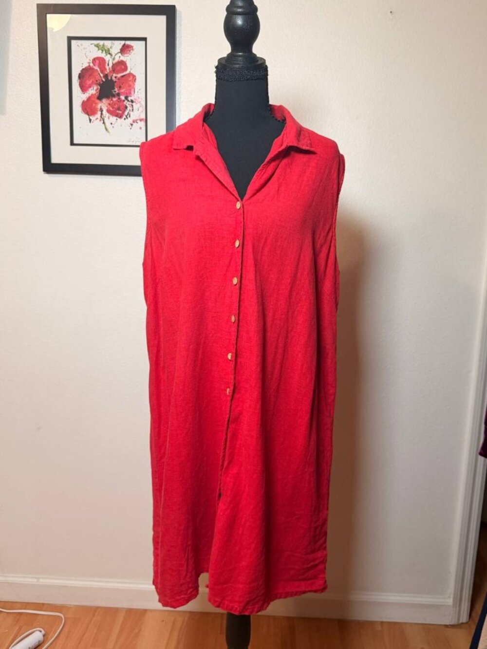 White Stag Red Linen Blend Sleeveless Shirt Dress Boho XL
